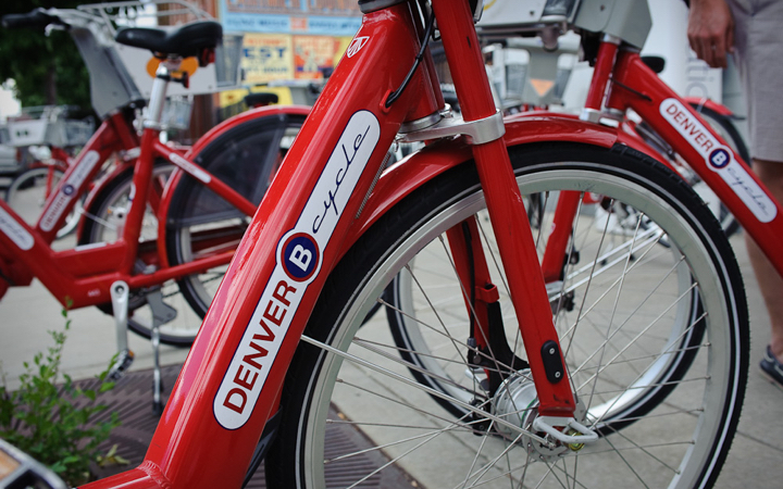 Red B-cycle bicycles for rent in Denver, Colorado